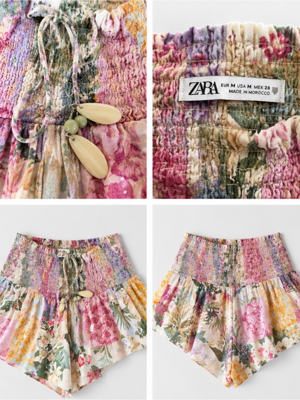 Zara Floral Smocked High Waist Shorts Pink Multicolor Size M - Picture 3 of 3